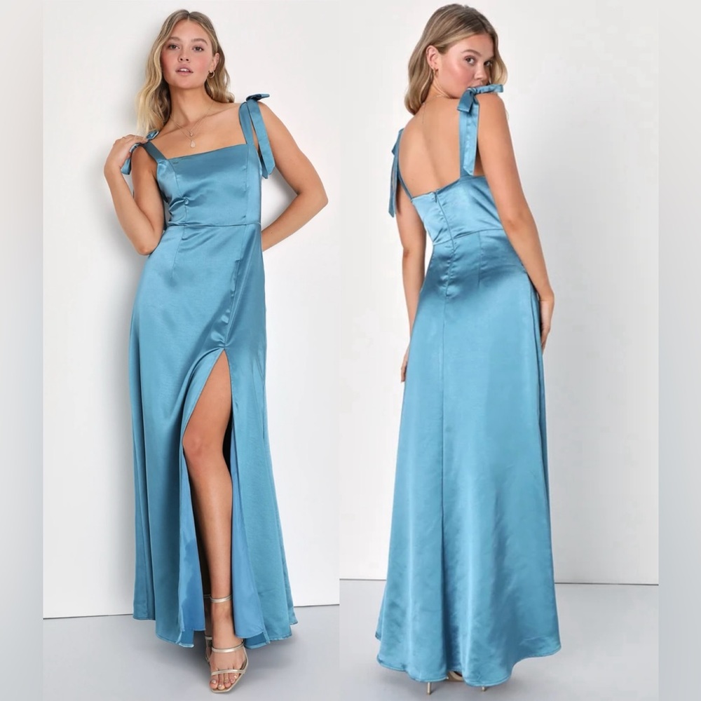 Lulus Made to Be Adored Teal Blue Satin Tie-Strap Maxi Dress size XL formal
